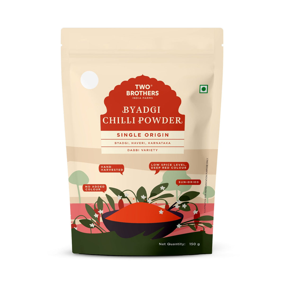 Two Brothers Organic Farms Byadagi Mirch Chilli Powder 150 g pack, front of pack