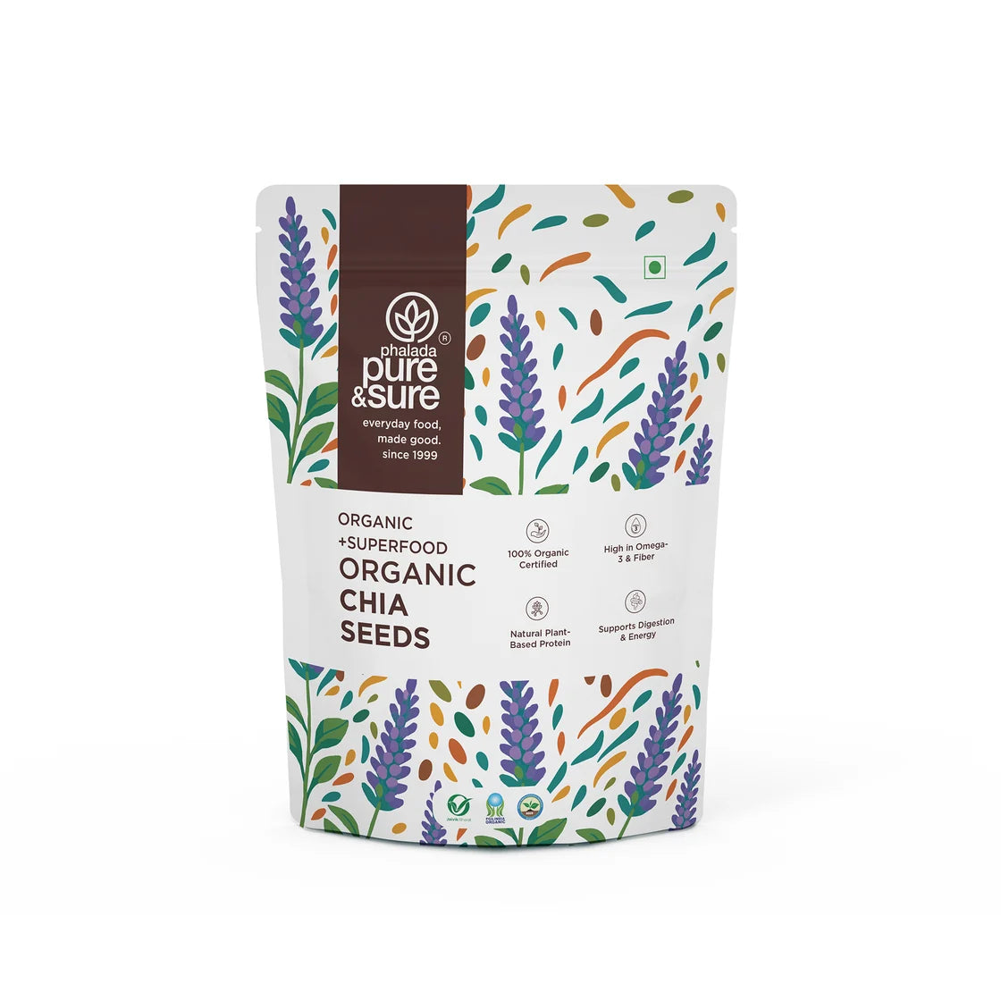 Front of the purepicked Pure & Sure organic chia seeds pack, whole and unground