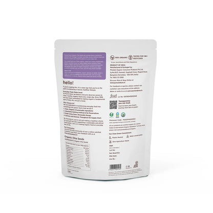 Back of the purepicked organic chia seeds pack showing ingredients and nutrition information