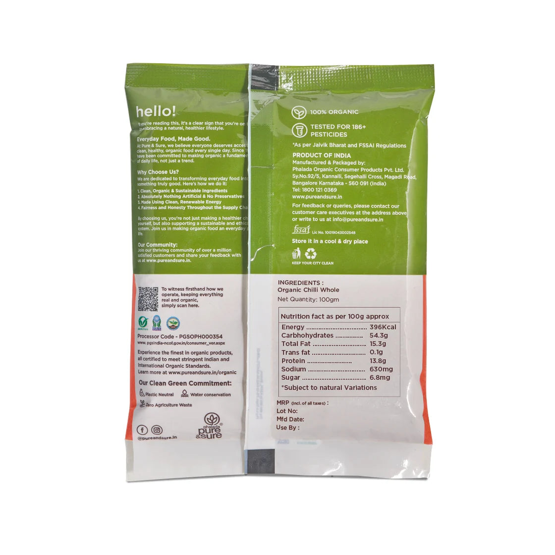 Back of the purepicked organic Byadagi chilli powder pack showing ingredients and nutrition