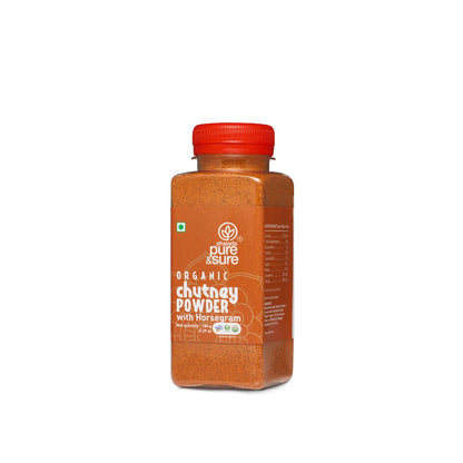 Pure & Sure Organic Horse Gram Chutney Powder, 150 g jar, side panel