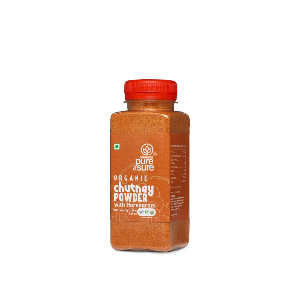 Pure & Sure Organic Chutney Powder with Horsegram jar, front of pack