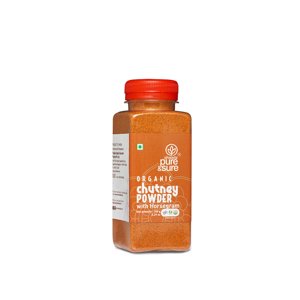 Pure & Sure Organic Horse Gram Chutney Powder, 150 g jar, side panel