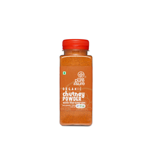 Pure & Sure Organic Horse Gram Chutney Powder, 150 g jar, front of pack