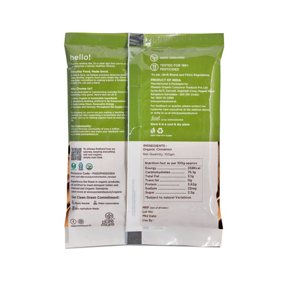 Back of the purepicked organic cinnamon bark pack showing ingredients and nutrition information