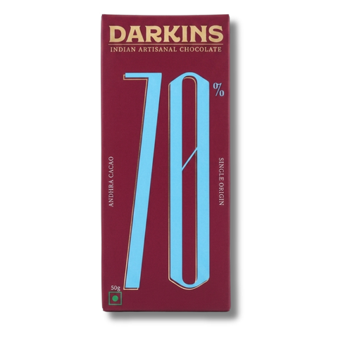 Front of the Darkins 70% Single Origin Dark Chocolate bar, single-origin cacao from Andhra Pradesh, 50g