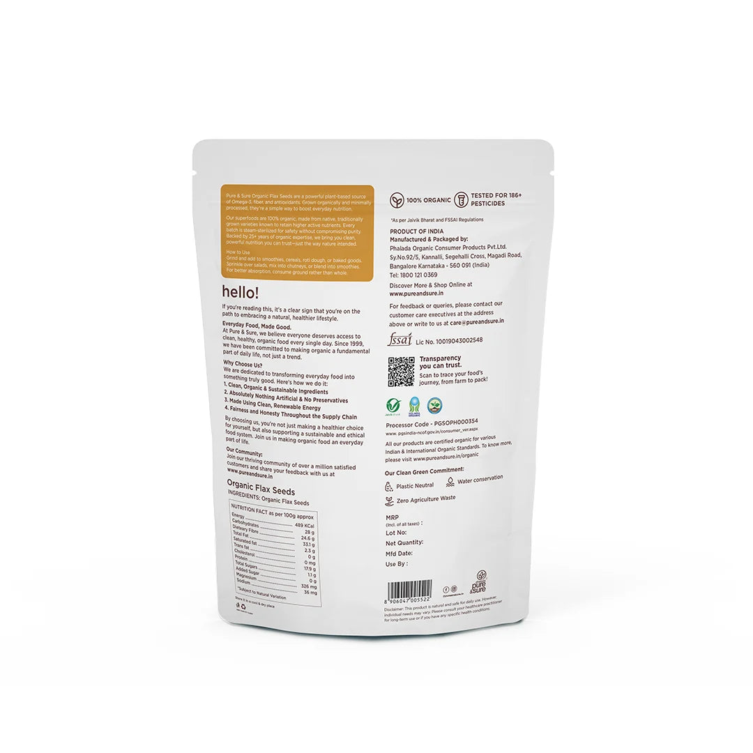 Back of the Pure & Sure Organic Flax Seeds pack showing the ingredient list and nutrition table
