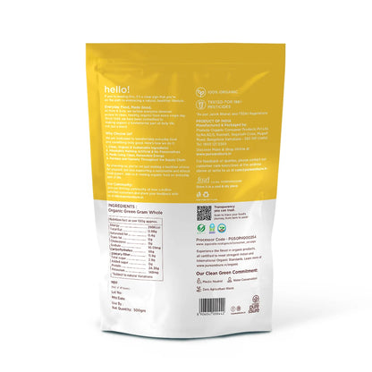 Back of the Pure & Sure Organic Green Gram Whole pack showing the ingredient list and nutrition table