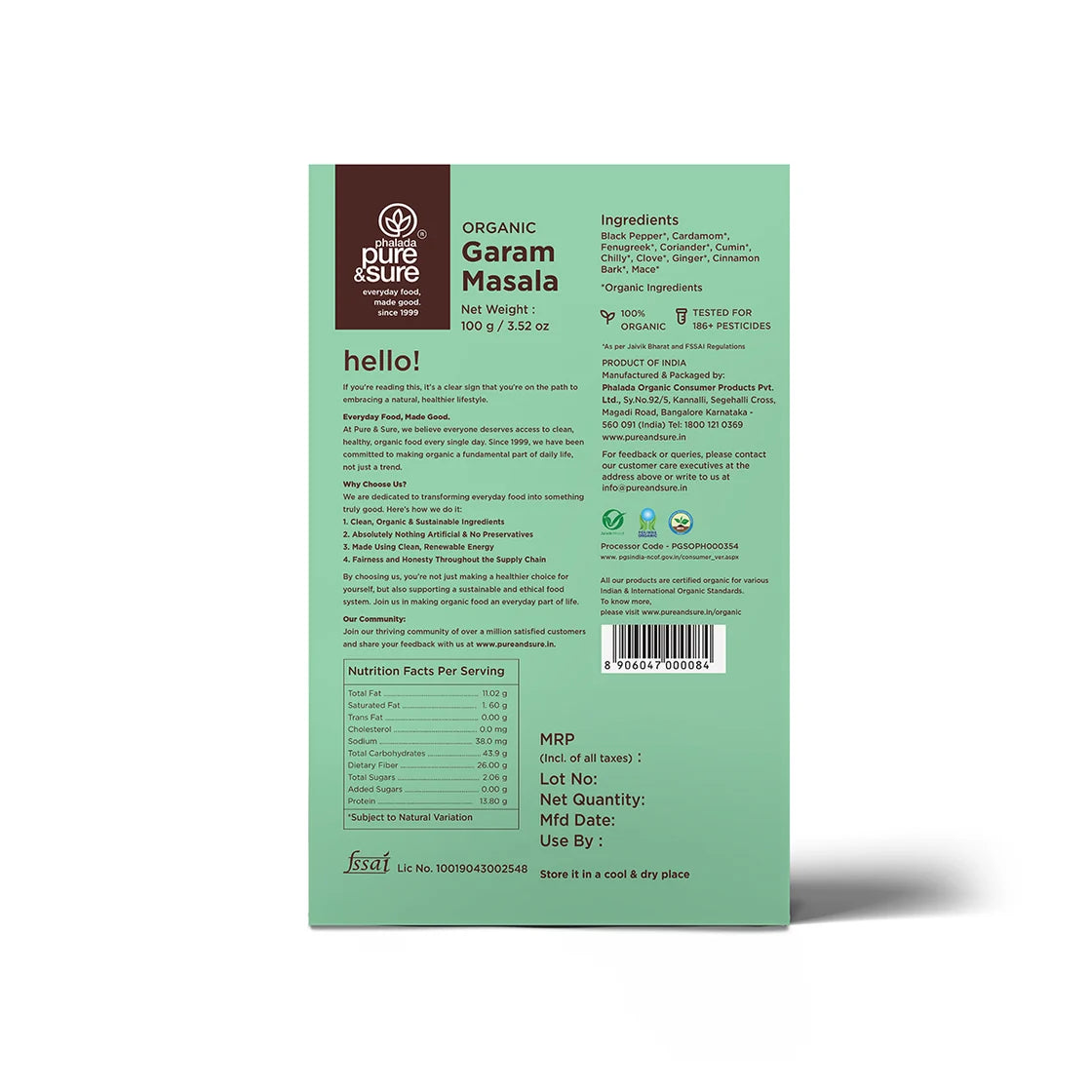 Back of the purepicked organic garam masala pack showing the full spice list and nutrition