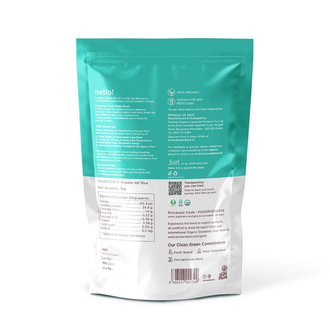 Back of the purepicked organic idli rice pack showing ingredients and nutrition information