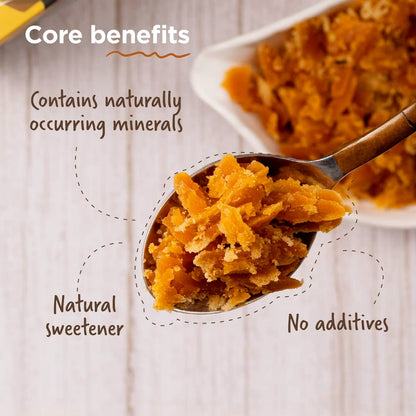 purepicked sugarcane jaggery block listing graphic on cooking cane juice in an iron kadai