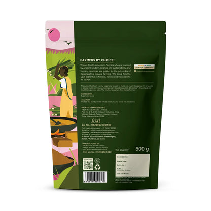 Back of the purepicked crushed granular jaggery 500g pack showing ingredients and nutrition
