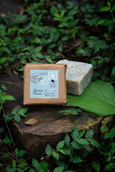 Forest Post Jasmine and Neroli with Moong soap, bar and carton on a tree stump among leaves