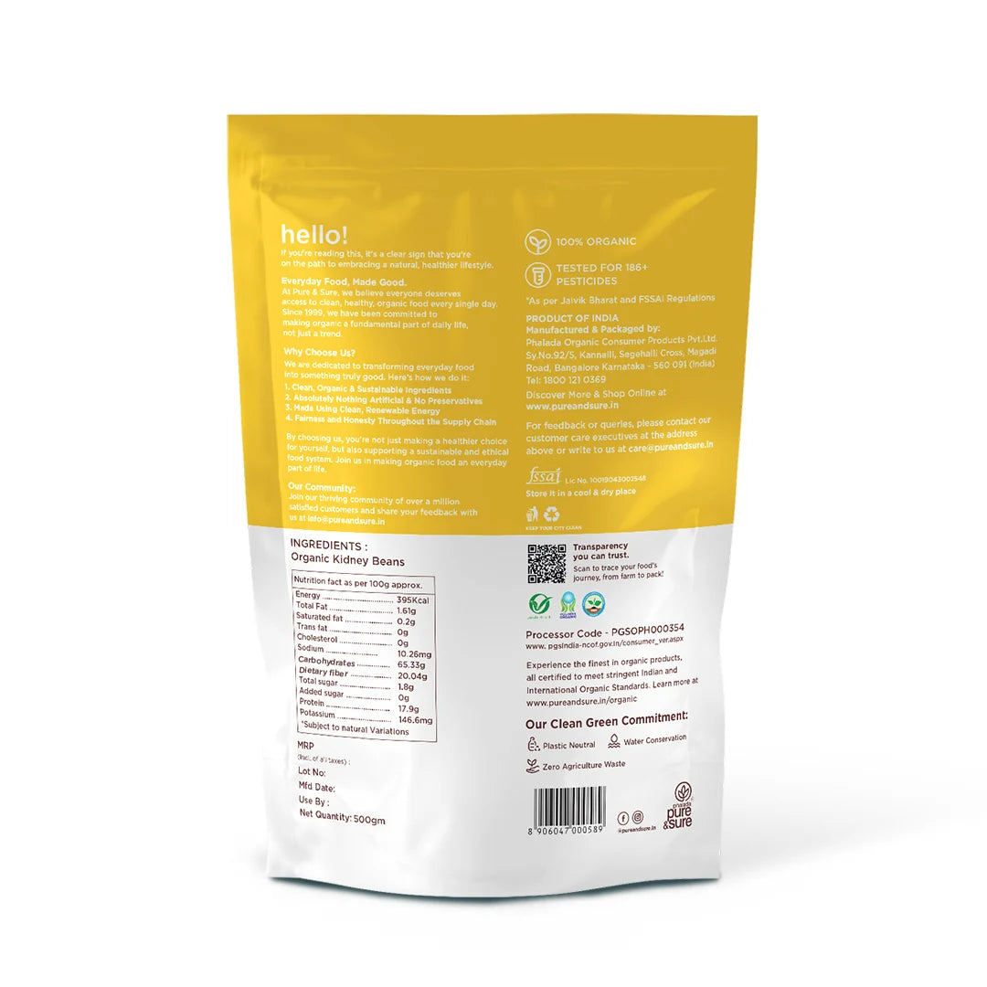 Back of the purepicked organic rajma pack showing ingredients and nutrition information