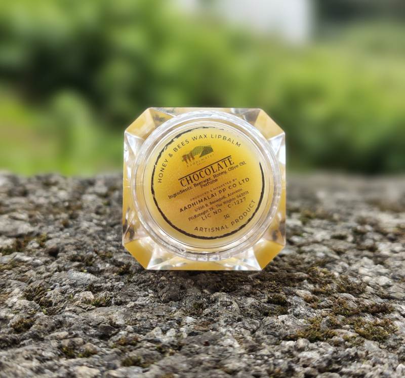 Aadhimalai Honey & Bees Wax Lipbalm, Chocolate, 5 g clear jar on a mossy rock — producer's own photograph