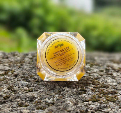 Aadhimalai Honey & Bees Wax Lipbalm, Chocolate, 5 g clear jar on a mossy rock — producer's own photograph