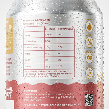 Back of the Assamé Lychee Lemon kombucha 300 ml can: nutrition per 100 ml and ingredients