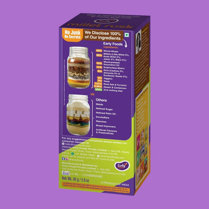 Multigrain Millet Rusk by Early Foods, back of pack with ingredients and FSSAI licence