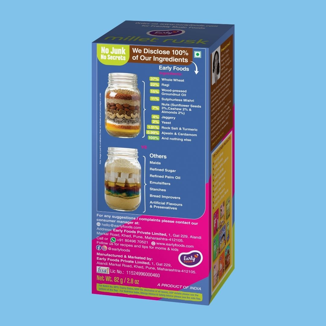 Ragi Millet Rusk by Early Foods, back of pack with ingredients and FSSAI licence