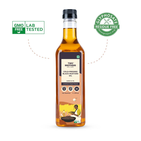 Two Brothers Organic Farms Cold-Pressed Black Mustard Oil 1 L pack, front of pack
