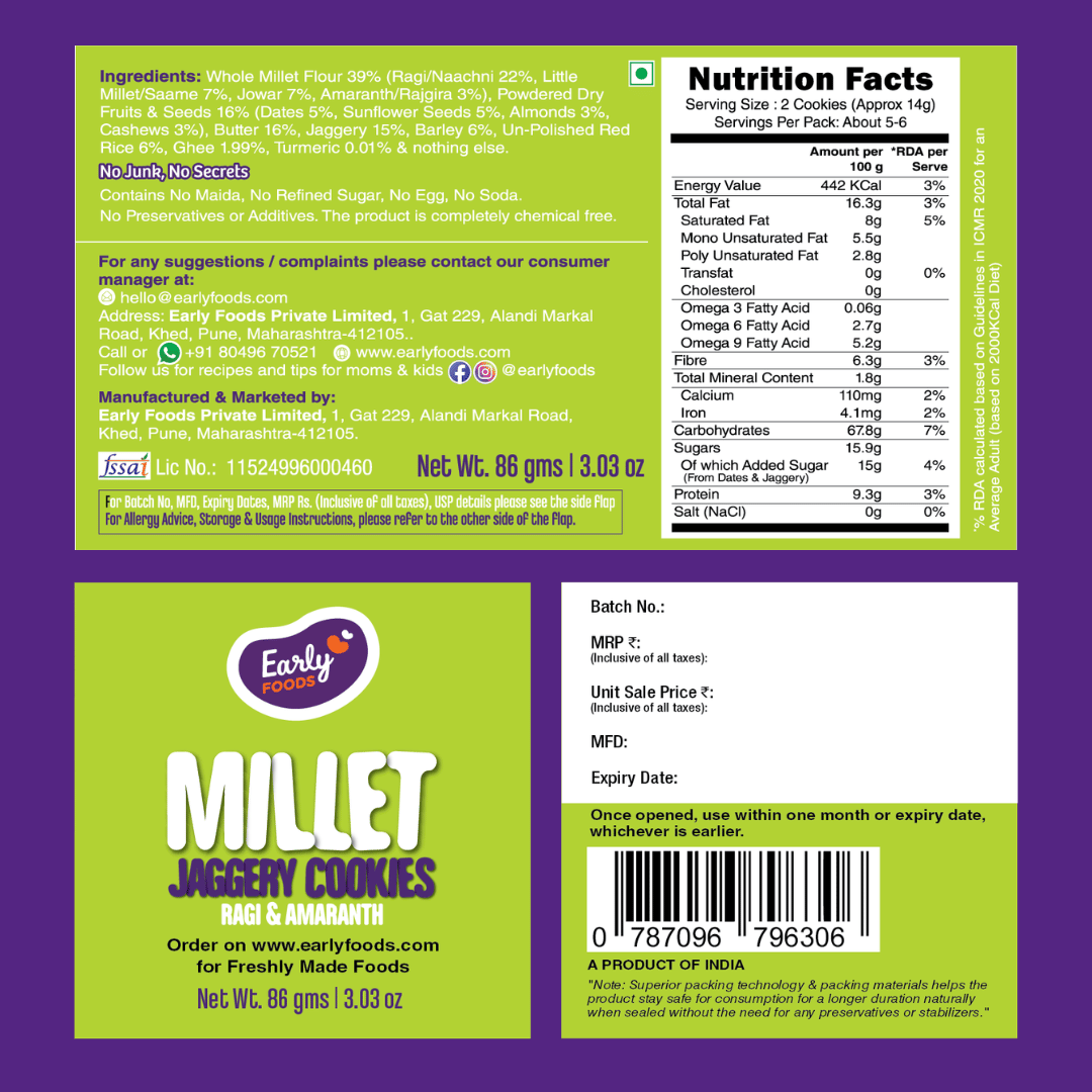 Ragi & Amaranth Jaggery Cookies by Early Foods, back of pack with ingredients, nutrition table and FSSAI licence
