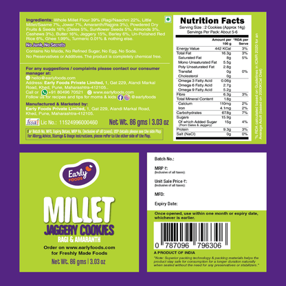 Ragi & Amaranth Jaggery Cookies by Early Foods, back of pack with ingredients, nutrition table and FSSAI licence