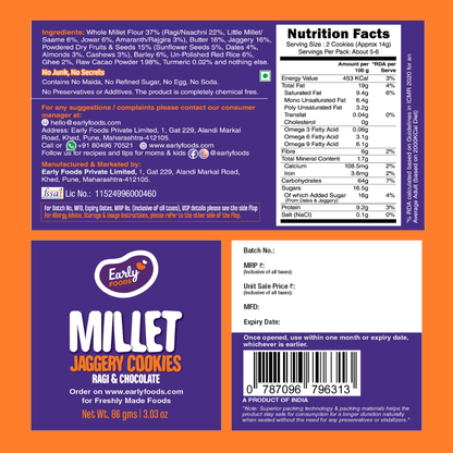 Ragi & Choco Jaggery Cookies by Early Foods, back of pack with ingredients, nutrition table and FSSAI licence