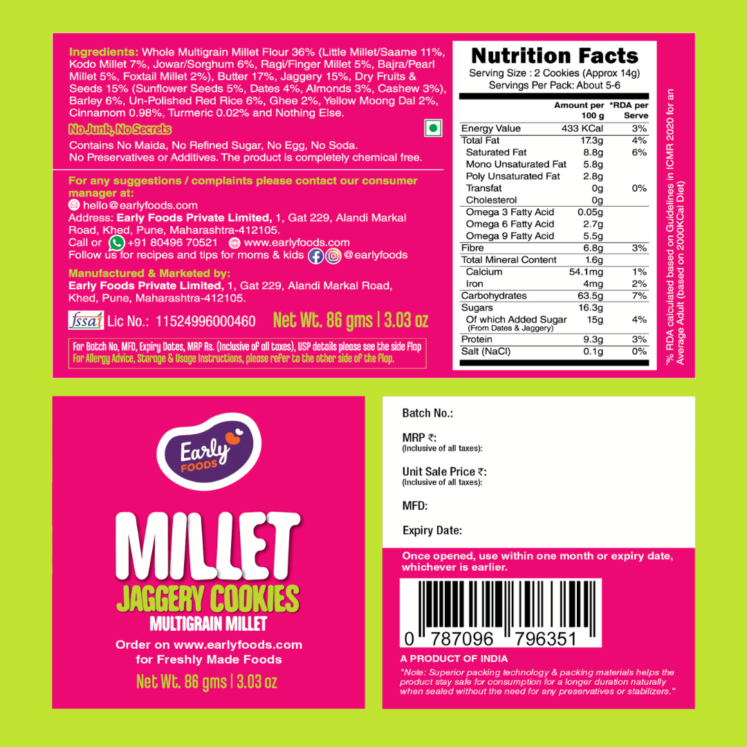 Multigrain Millet Jaggery Cookies by Early Foods, back of pack with ingredients, nutrition table and FSSAI licence