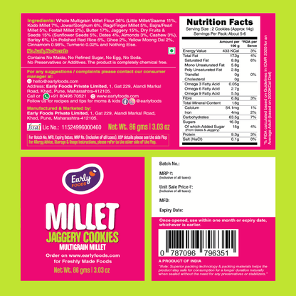 Multigrain Millet Jaggery Cookies by Early Foods, back of pack with ingredients, nutrition table and FSSAI licence