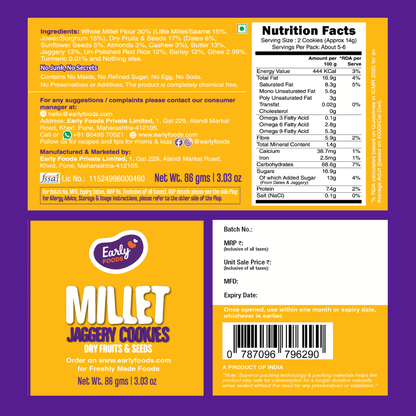 Dry Fruits & Seeds Jaggery Cookies by Early Foods, back of pack with ingredients, nutrition table and FSSAI licence