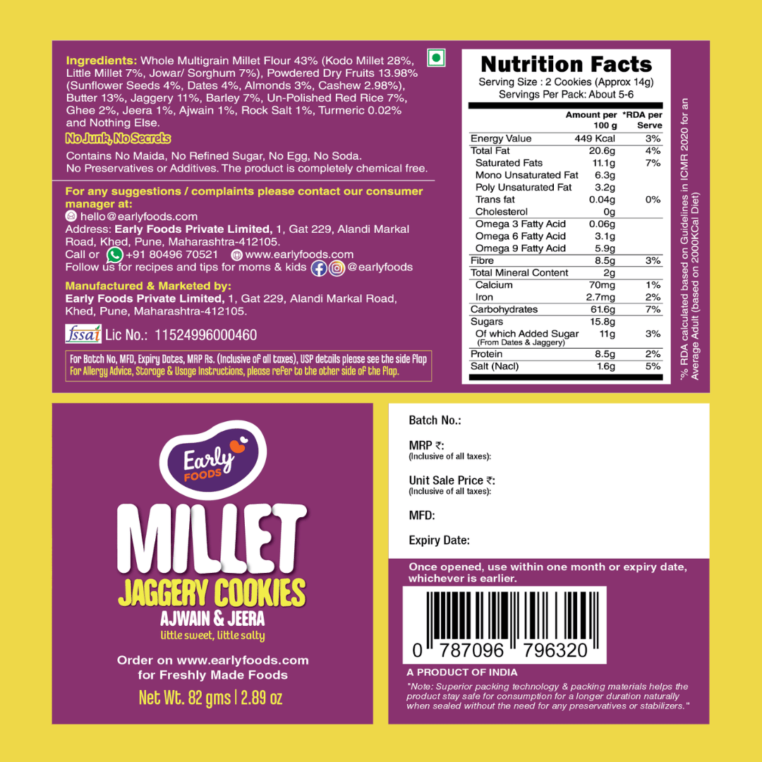 Ajwain & Jeera Jaggery Cookies by Early Foods, back of pack with ingredients, nutrition table and FSSAI licence