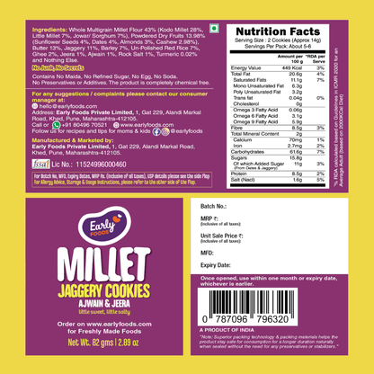 Ajwain & Jeera Jaggery Cookies by Early Foods, back of pack with ingredients, nutrition table and FSSAI licence