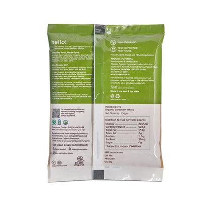 Back of the purepicked organic coriander powder pack showing ingredients and nutrition information