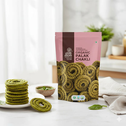 purepicked organic palak chakli spirals shown out of the pack