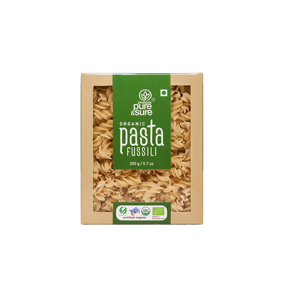 Pure & Sure Organic Pasta Fusilli 200g carton, front of pack on a plain white background