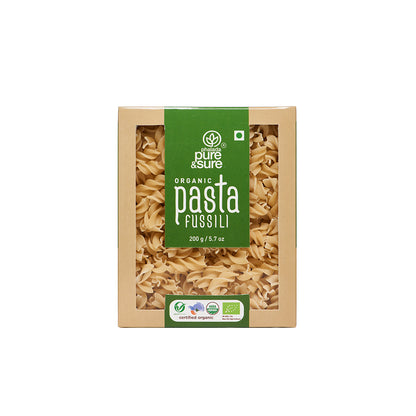 Pure & Sure Organic Pasta Fusilli 200g carton, front of pack on a plain white background