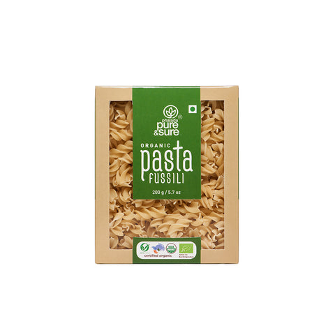 Pure & Sure Organic Pasta Fusilli 200g carton, front of pack on a plain white background