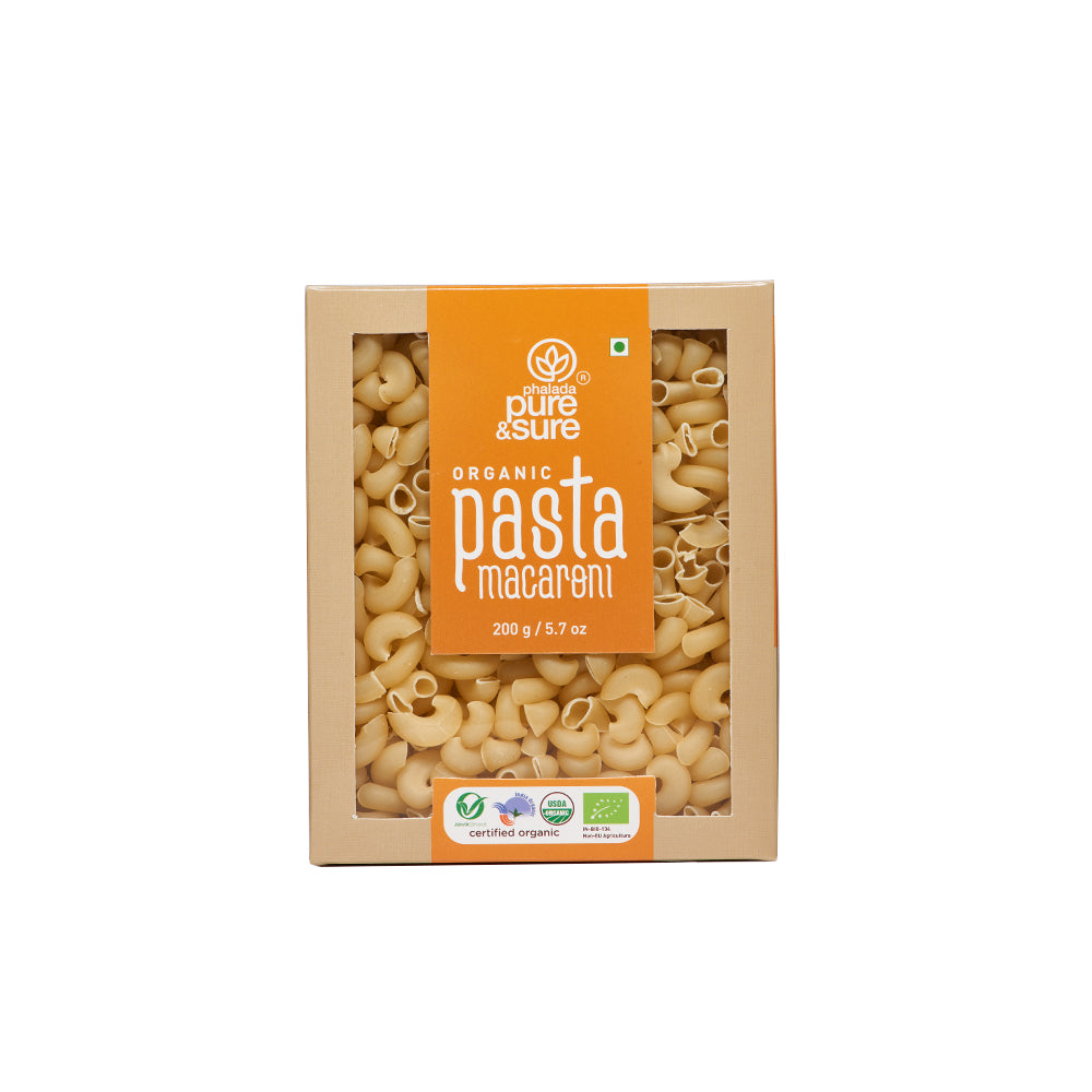 Pure & Sure Organic Pasta Macaroni 200g carton, front of pack on a plain white background