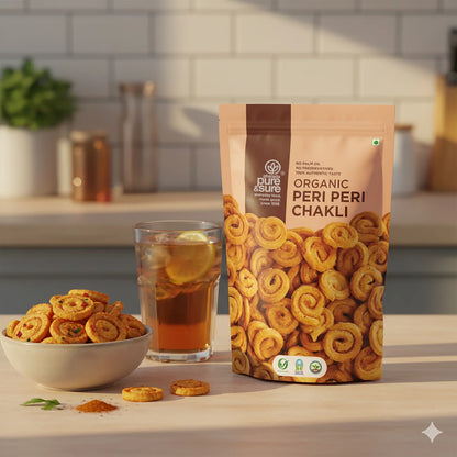 purepicked organic peri peri chakli spirals shown out of the pack