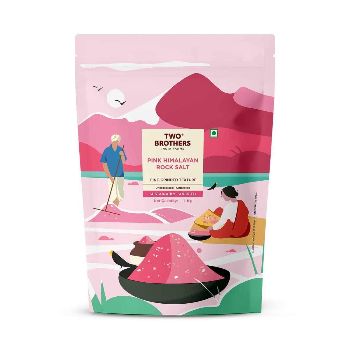 Two Brothers Organic Farms Pink Himalayan Rock Salt 1 kg pack, front of pack