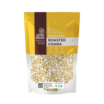 Front of the purepicked Pure & Sure organic roasted chana pack, oil-free and skin-on