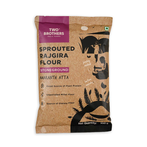 Two Brothers Organic Farms Sprouted Rajgira Atta 500 g pack, front of pack