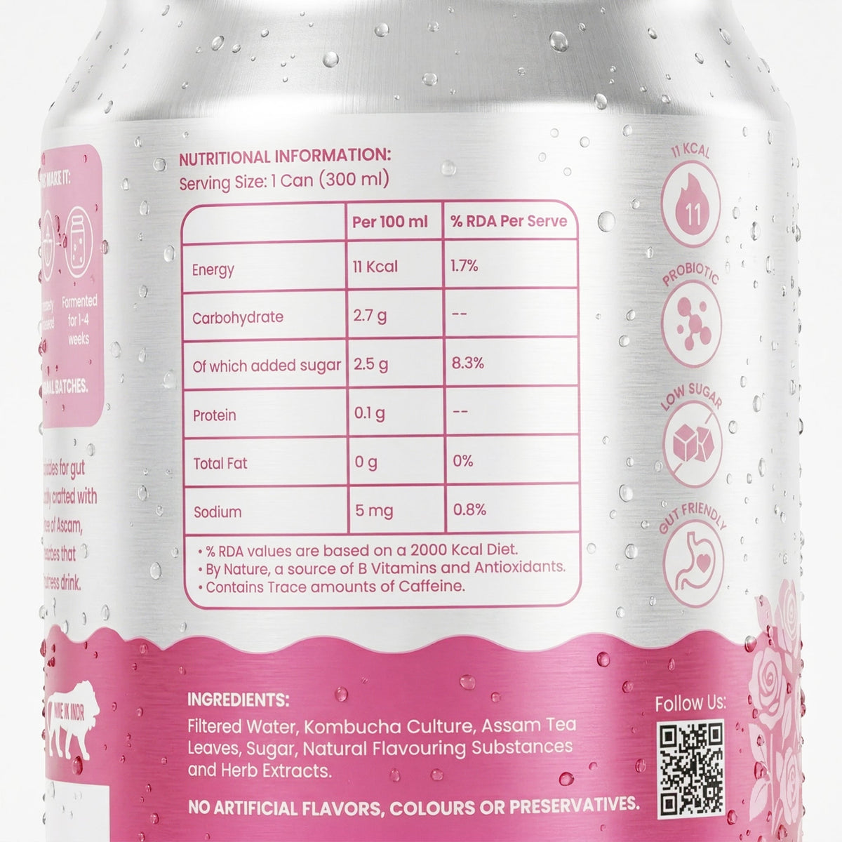 Back of the Assamé Rose Hibiscus kombucha 300 ml can: nutrition per 100 ml and ingredients