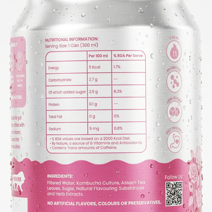 Back of the Assamé Rose Hibiscus kombucha 300 ml can: nutrition per 100 ml and ingredients