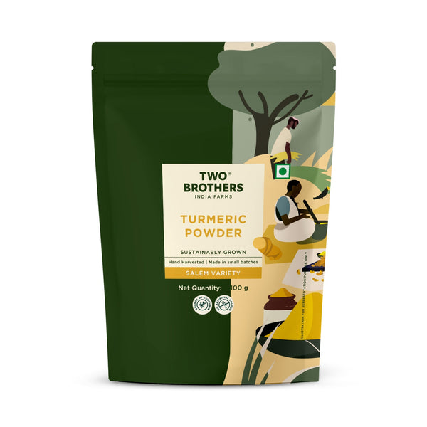 Two Brothers Organic Farms Salem Haldi Turmeric Powder 100 g pack, front of pack