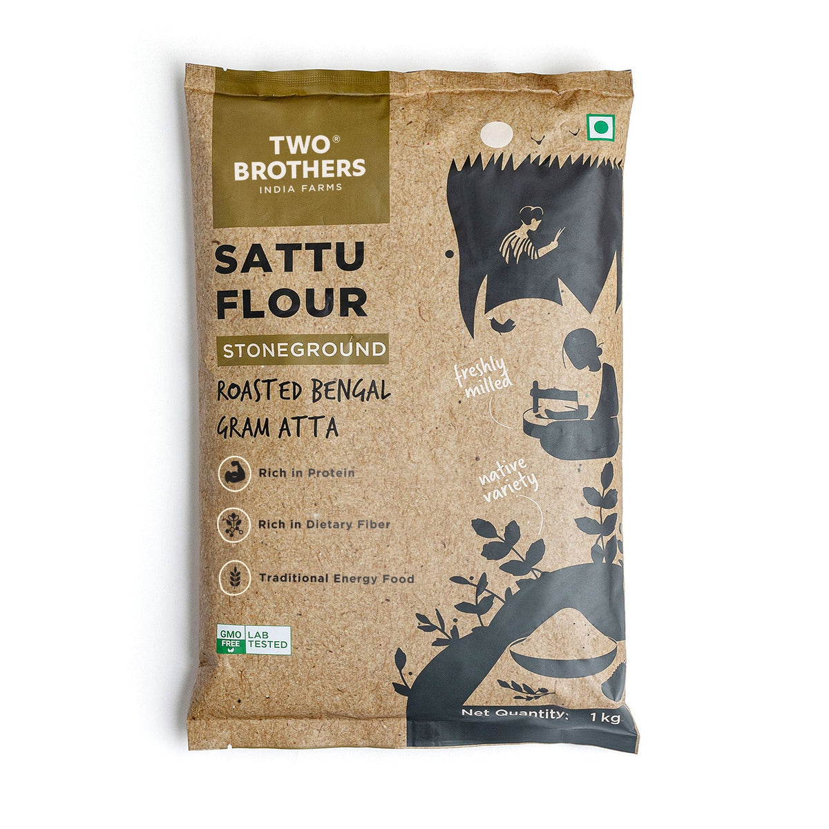Two Brothers Organic Farms Sattu Atta Stoneground 1 kg pack, front of pack