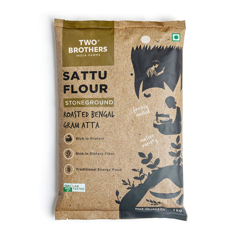 Two Brothers Organic Farms Sattu Atta Stoneground 1 kg pack, front of pack