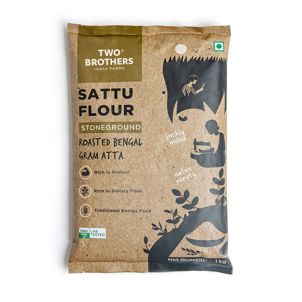 Two Brothers Organic Farms Sattu Atta Stoneground 1 kg pack, front of pack
