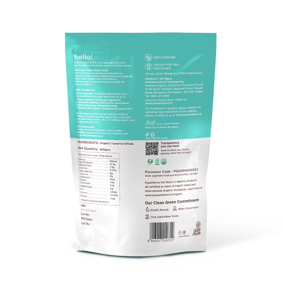 Back of the purepicked organic tamarind pack showing ingredients and nutrition information