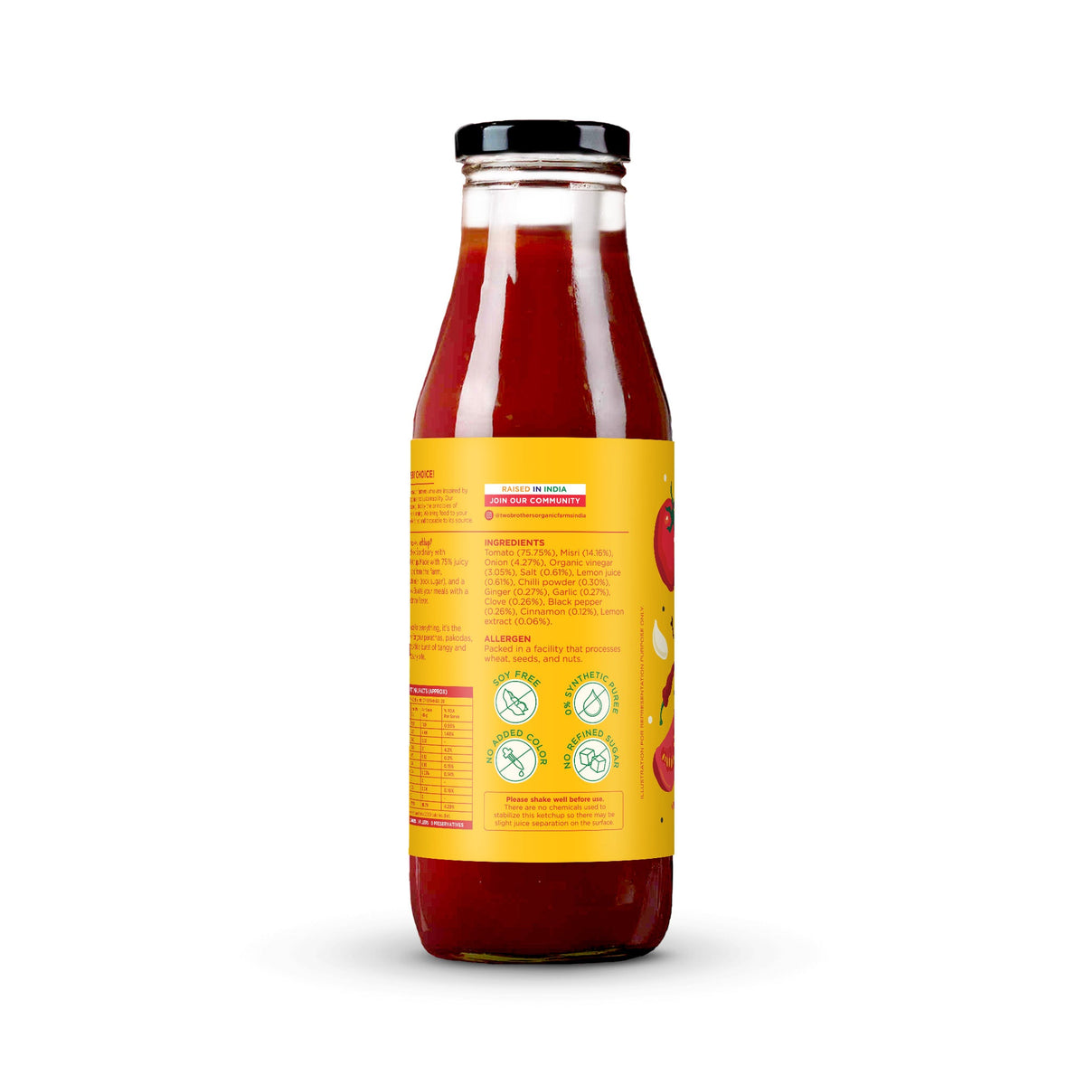 Truemato Ketchup back of pack showing the full ingredient percentage list and allergen note